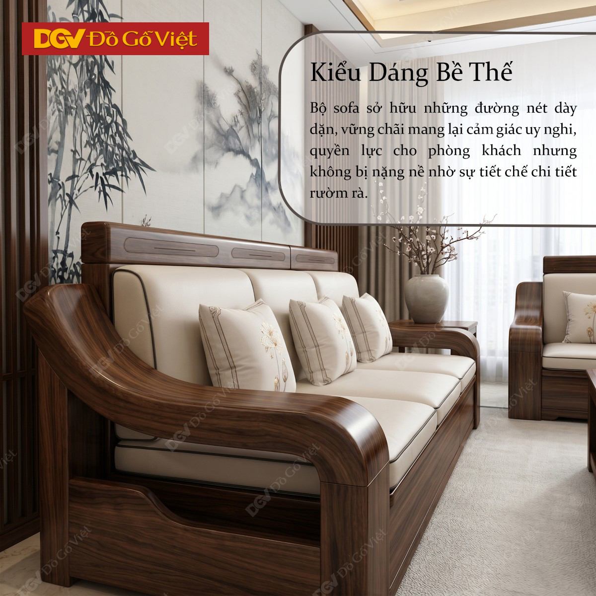Bộ Bàn Ghế Sofa Gỗ Óc Chó Chân Bệt Tay Cong Lượn Nghệ Thuật