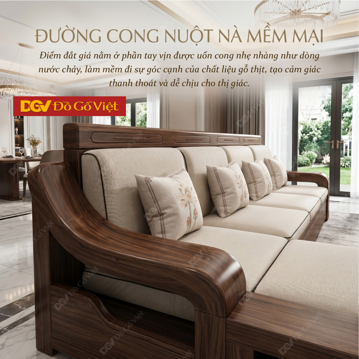 Bộ Bàn Ghế Sofa Gỗ Óc Chó Chân Bệt Tay Cong Lượn Nghệ Thuật