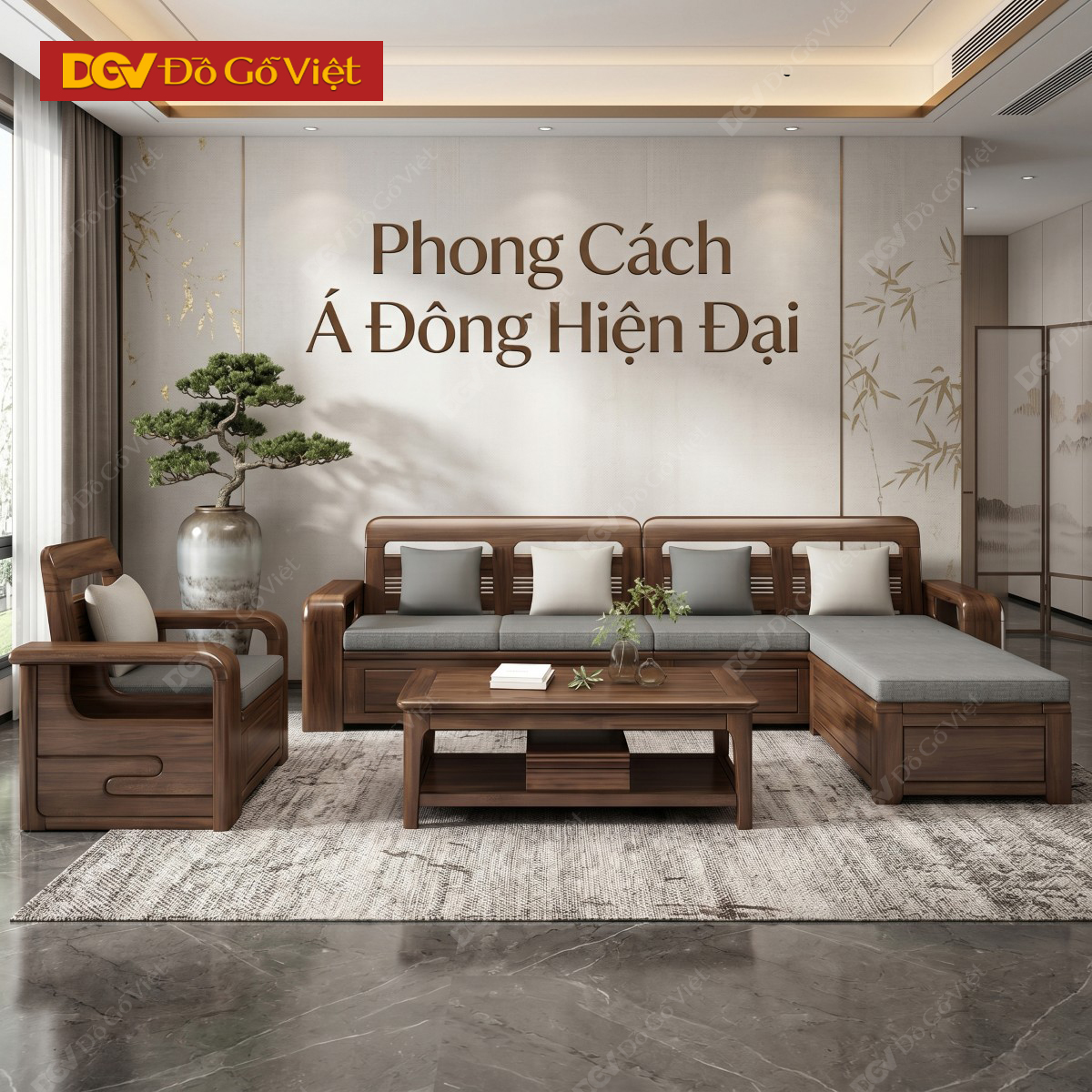 Bộ Sofa Gỗ Óc Chó Phòng Khách Hiện Đại Bo Góc Tinh Tế