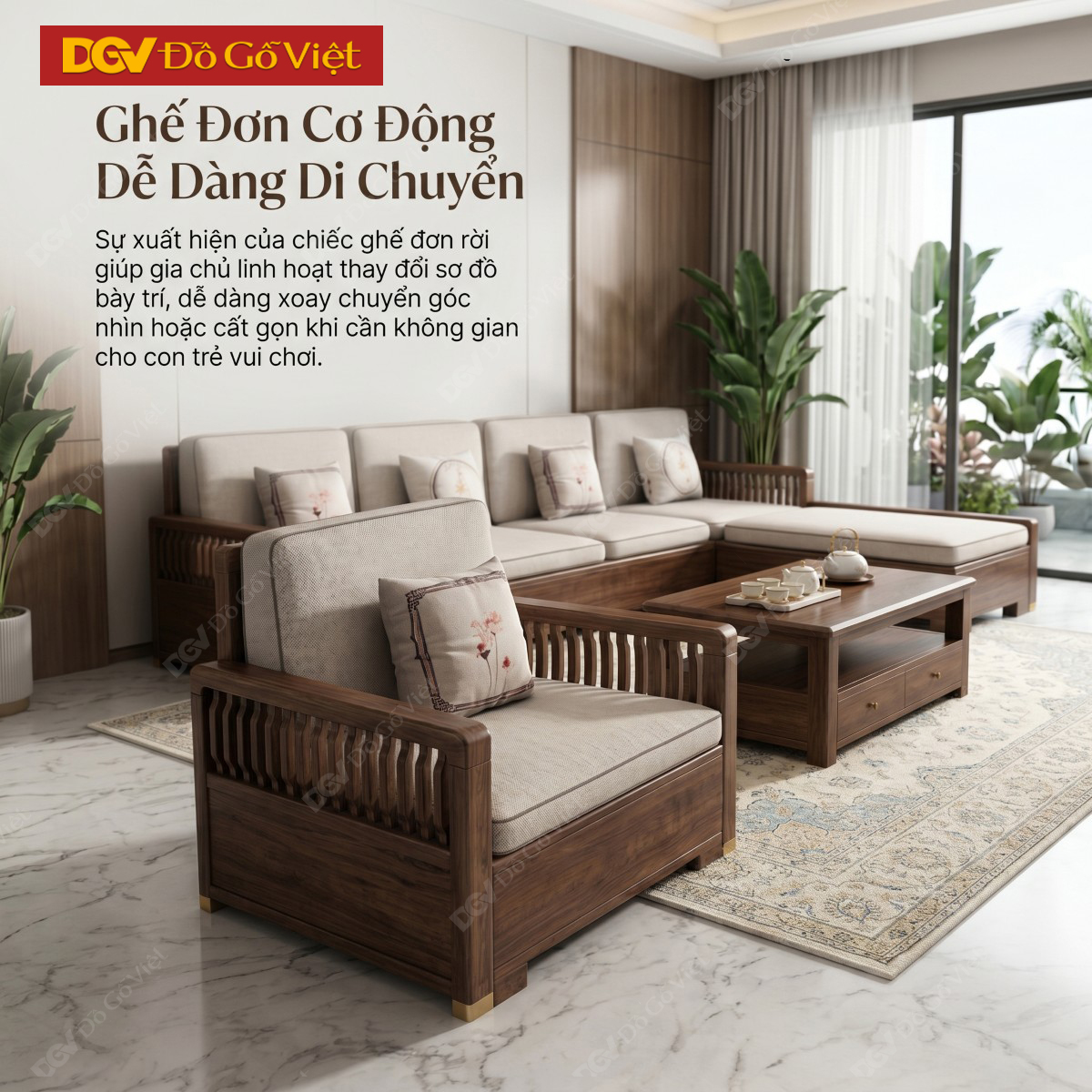 Bộ Sofa Phòng Khách Gỗ Óc Chó Tay Nan Cách Điệu Nghệ Thuật