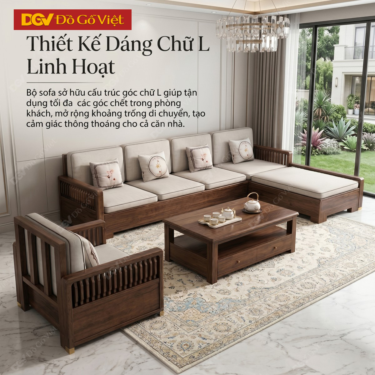 Bộ Sofa Phòng Khách Gỗ Óc Chó Tay Nan Cách Điệu Nghệ Thuật