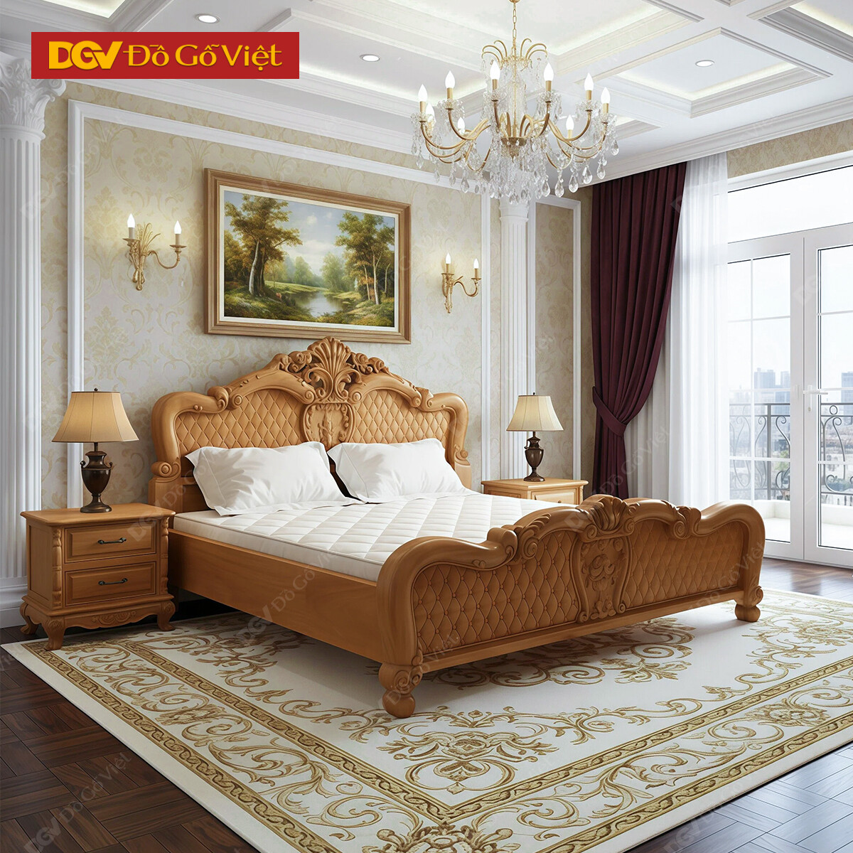 Giường Đẹp Gỗ Gõ Đỏ Chạm Hoa Hồng Cổ Điển Sang Trọng