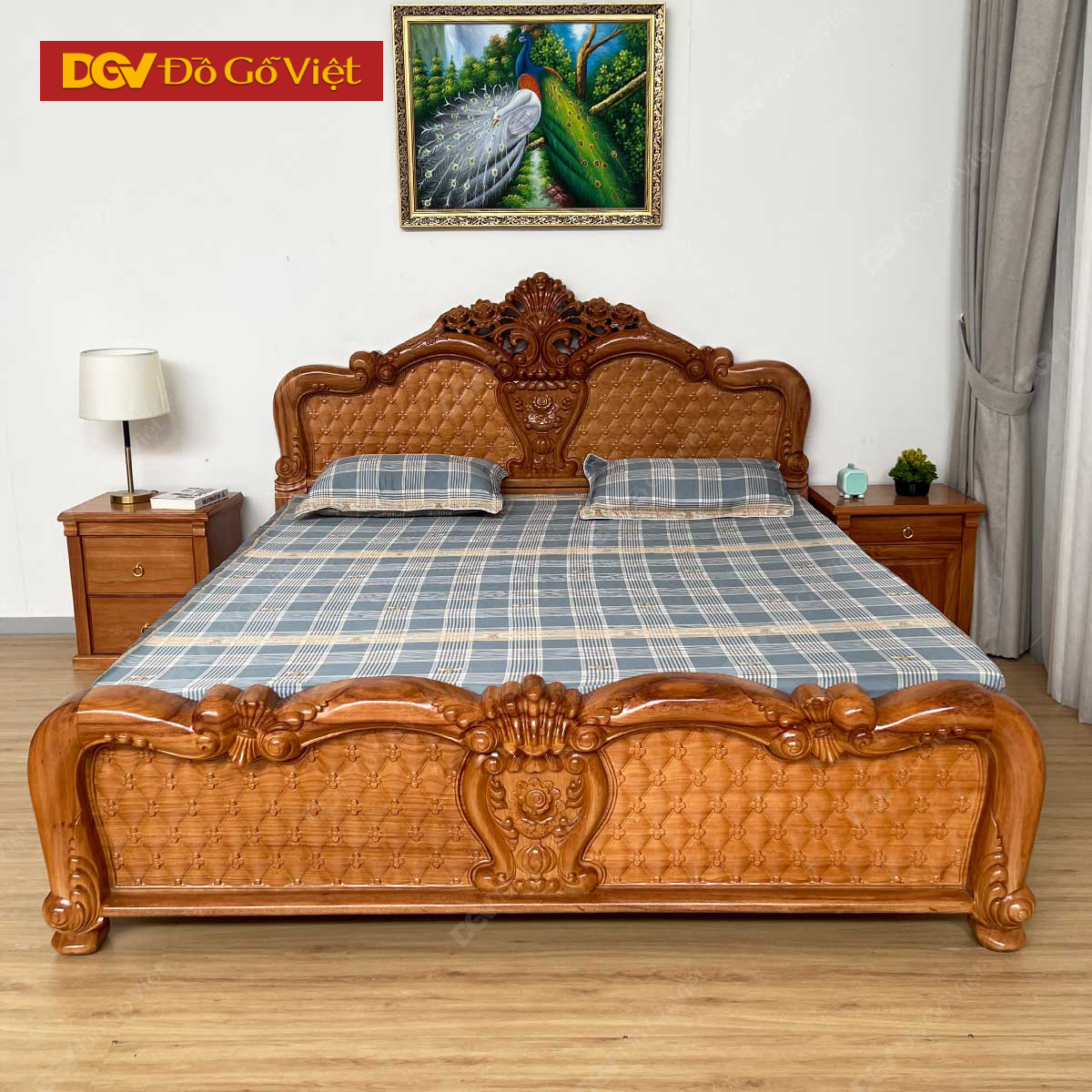 Giường Đẹp Gỗ Tự Nhiên Chạm Hoa Hồng Sang Trọng Đẳng Cấp