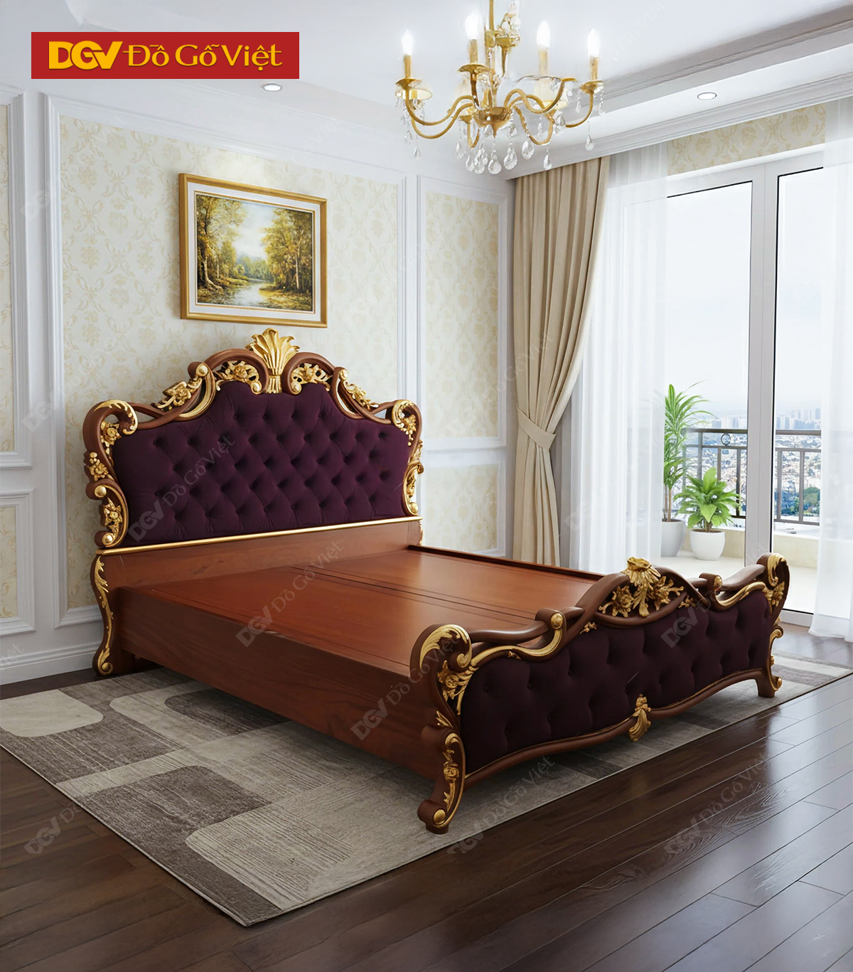 Giường Ngủ Cổ Điển Chạm Hoa Hồng Giác Vàng Bọc Nệm Gỗ Gõ Đỏ