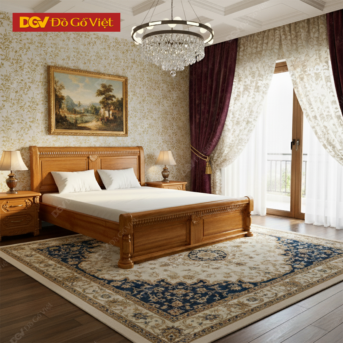 Giường Ngủ Gỗ Gõ Đỏ Phong Cách Tân Cổ Điển Thanh Lịch