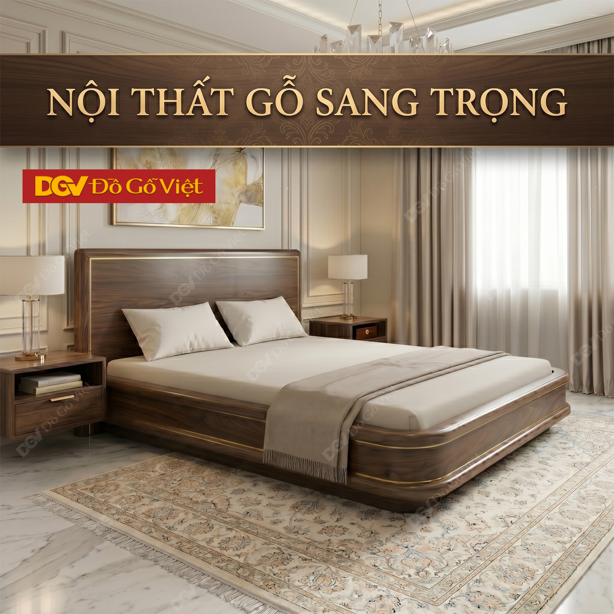 Giường Ngủ Gỗ Óc Chó Tự Nhiên Giấu Chân Cao Cấp Sang Trọng