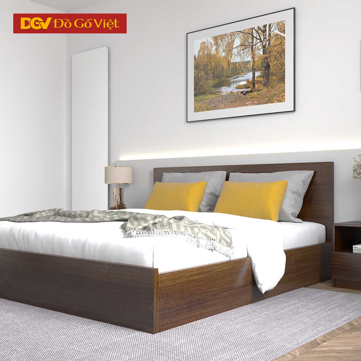 Giường Ngủ Gỗ Veneer Óc Chó Kiểu Hộp Hiện Đại Tối Giản