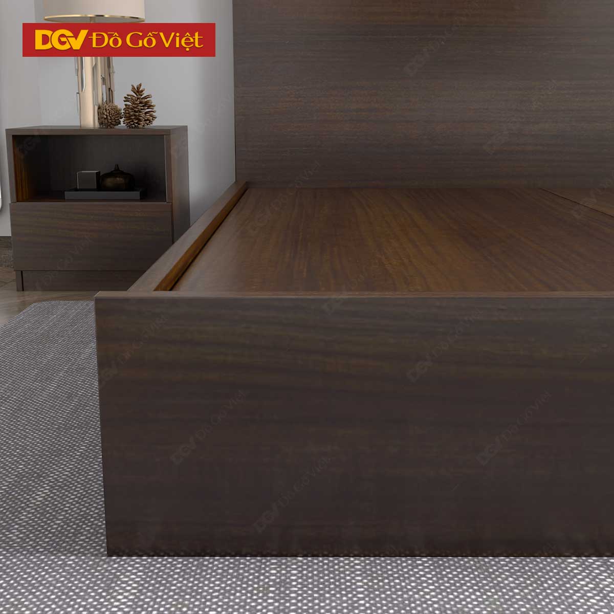 Giường Ngủ Gỗ Veneer Óc Chó Kiểu Hộp Hiện Đại Tối Giản