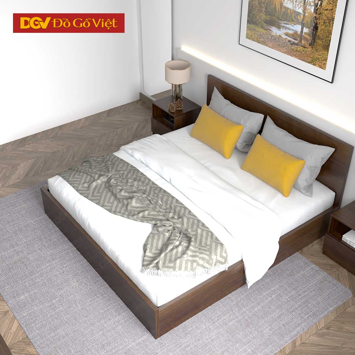 Giường Ngủ Gỗ Veneer Óc Chó Kiểu Hộp Hiện Đại Tối Giản