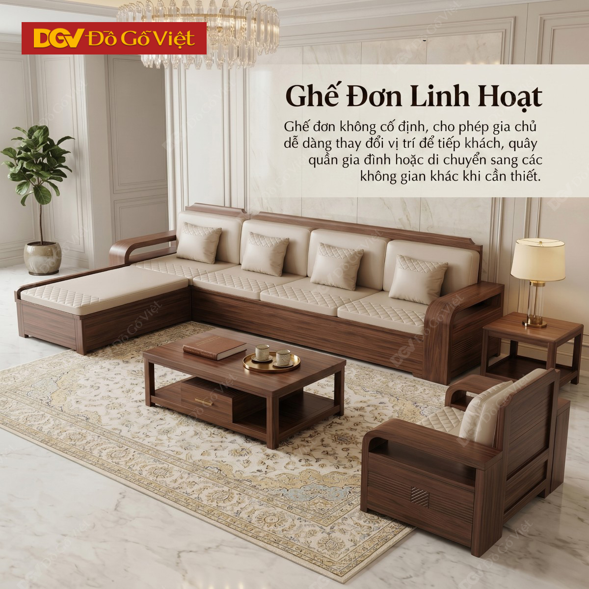 Mẫu Bàn Ghế Sofa Gỗ Óc Chó Hiện Đại Họa Tiết Kẻ Rãnh Tinh Tế