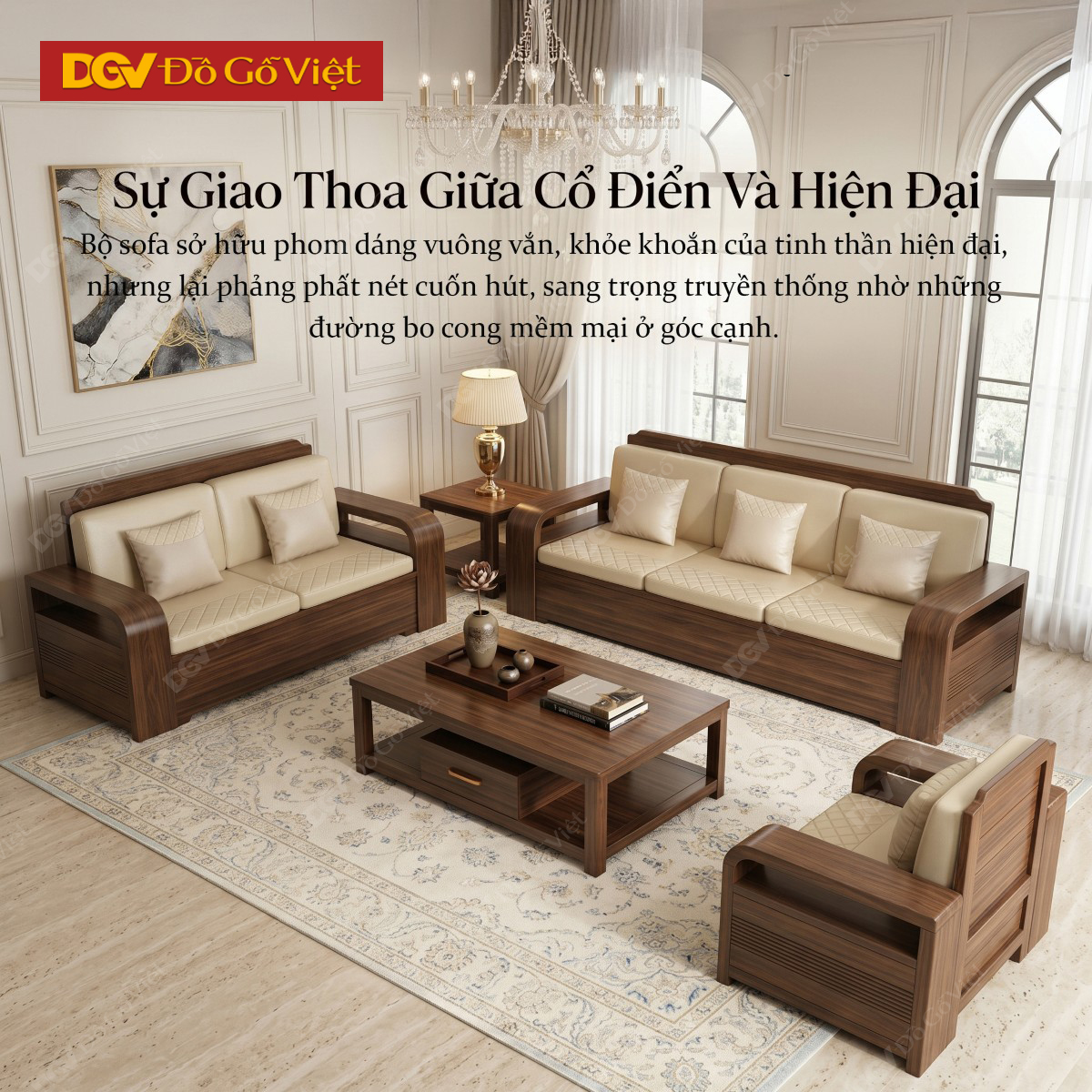Mẫu Bàn Ghế Sofa Gỗ Óc Chó Hiện Đại Họa Tiết Kẻ Rãnh Tinh Tế