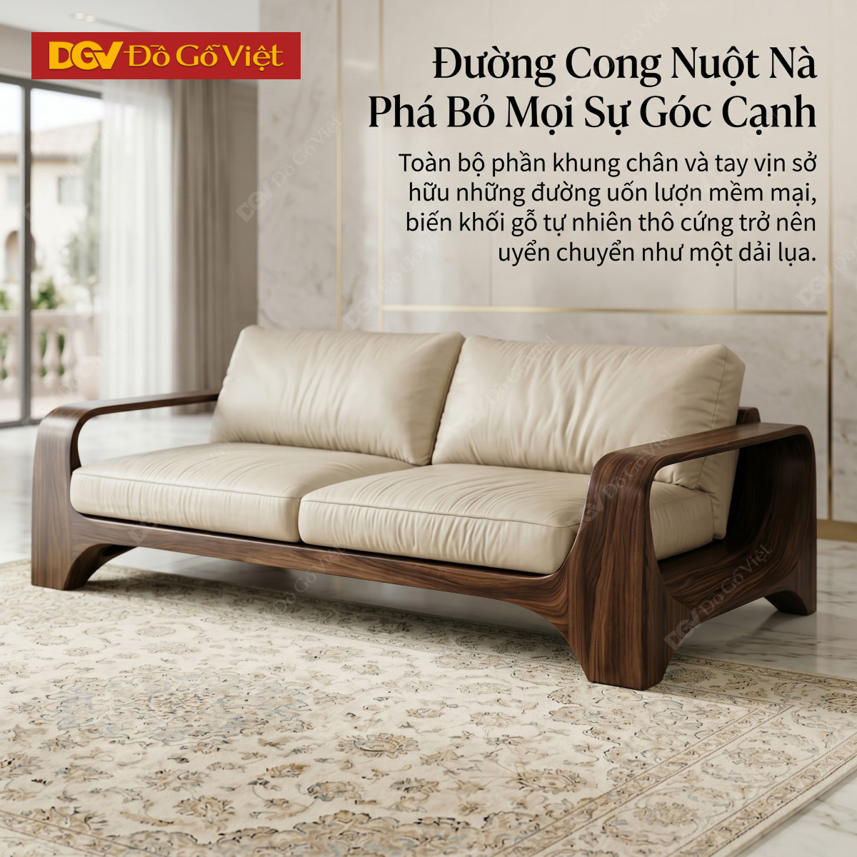 Mẫu Ghế Sofa Gỗ Óc Chó Khung Gỗ Bo Tròn Chân Vòm Tay Chữ C