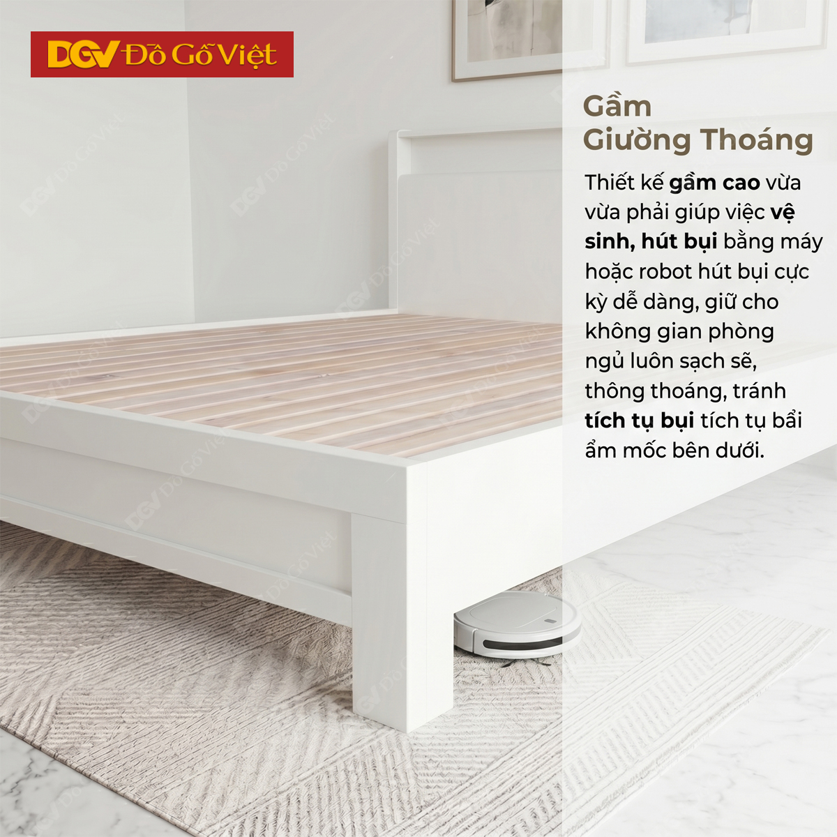 Mẫu Giường Ngủ Màu Trắng Vân Sồi Đầu Giường Phối Kệ Tiện lợi
