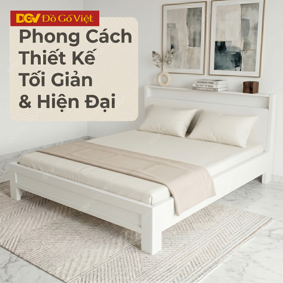 Mẫu Giường Ngủ Màu Trắng Vân Sồi Đầu Giường Phối Kệ Tiện lợi