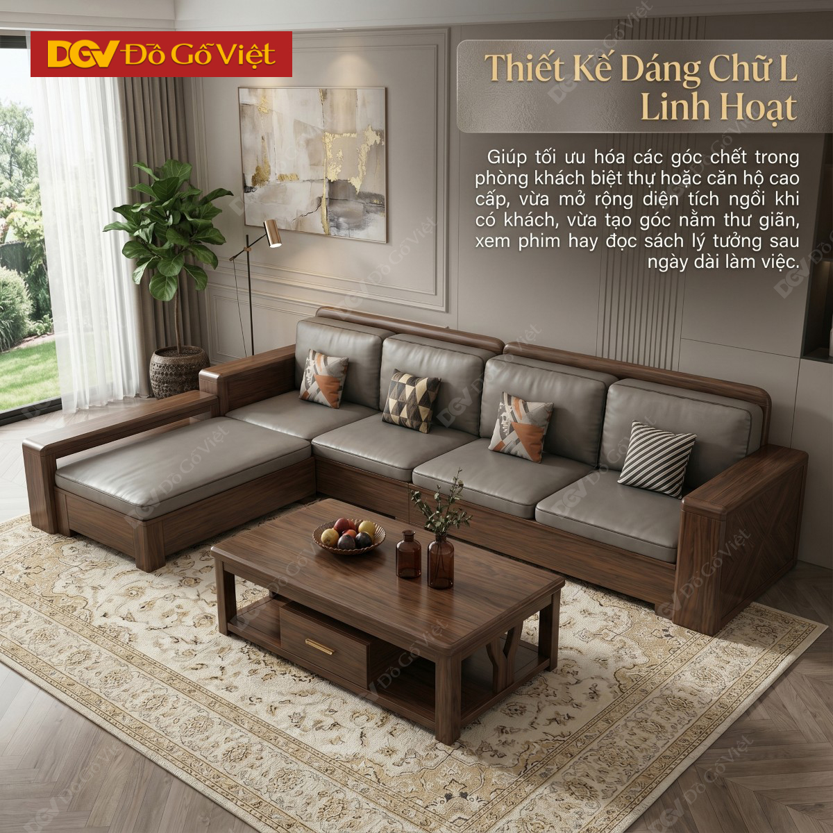 Mẫu Sofa Phòng Khách Gỗ Óc Chó Chân Bệt Tay Hộp Sang Trọng