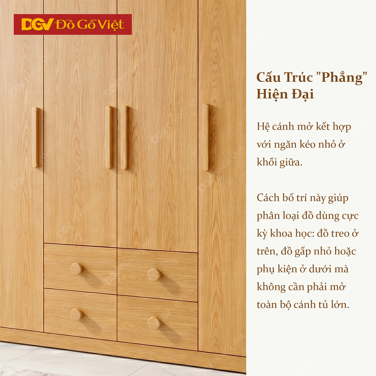 Tủ Quần Áo Tự Nhiên Vân Sồi Đa Cánh Kèm Cụm Ngăn Kéo Giá Rẻ