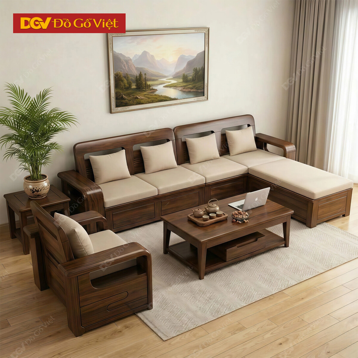 Bộ Sofa Góc L Phòng Khách Gỗ Lim Tựa Thoáng Khí Họa Tiết Sọc