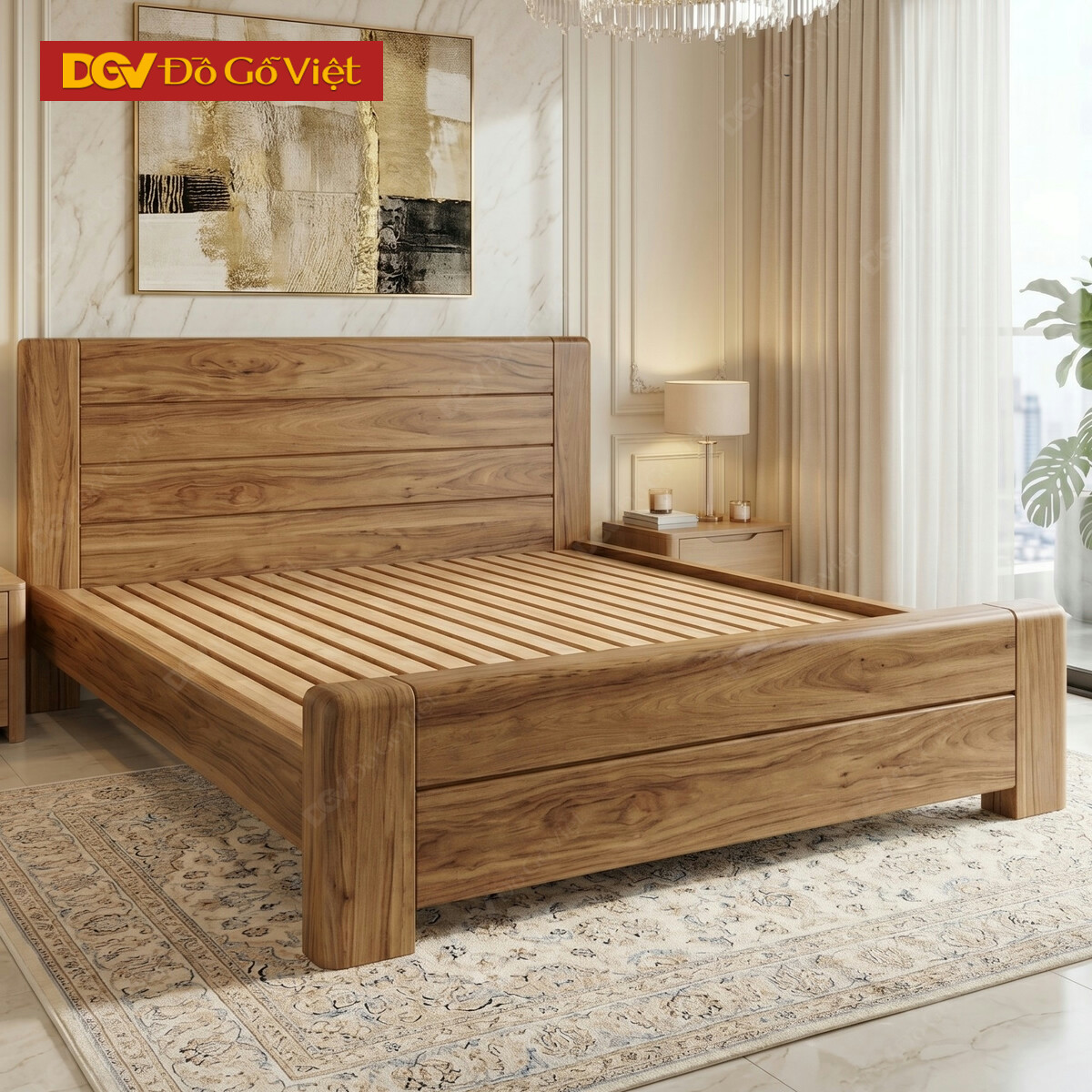 Giường Phòng Ngủ Gõ Lim Chân Cao Rãnh V Ngang Mới Giá Rẻ