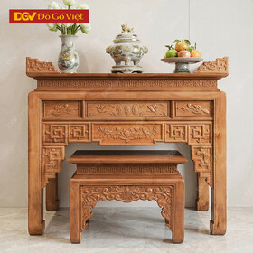 Án Gian Thờ 1m53 Gỗ Gõ Đỏ Kèm Bàn Cơm Chạm Sen Cao Cấp