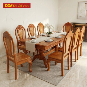 Bàn Ăn Căm Xe Mặt Gõ Chữ Nhật Cong 1m9 8 Ghế