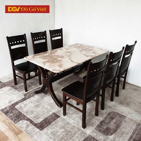 Bàn Ăn Gỗ Sồi Màu Óc Chó Mặt Đá Chân Trụ 1m6 6 Ghế Giá Rẻ