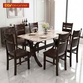Bàn Ăn Gỗ Sồi Màu Óc Chó Mặt Đá Chân Trụ 1m6 6 Ghế Giá Rẻ