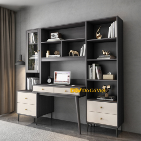 Bàn Làm Việc Chân Cao Gỗ MDF Kết Hợp Kệ Sách Màu Xám Đẹp