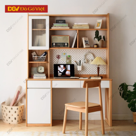 Bàn Làm Việc Gỗ Sồi Tự Nhiên Phối Trắng Kèm Kệ Sách Đẹp