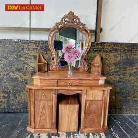 Bàn Phấn Tân Cổ Điển Gỗ Hương Xám Có Kệ Mini 2 Bên Gương