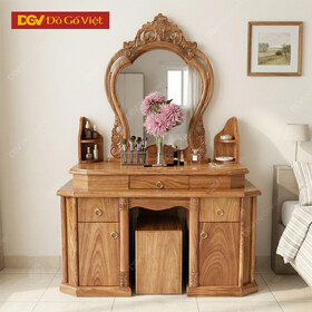 Bàn Phấn Tân Cổ Điển Gỗ Hương Xám Có Kệ Mini 2 Bên Gương