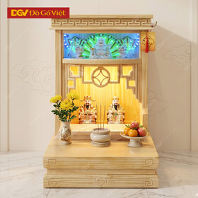 Bàn Thờ Thần Tài Đồng Tiền Kết Hợp Hộp Đèn Gỗ Thông Đẹp