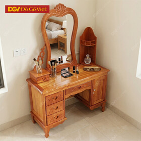 Bàn Trang Điểm Căm Xe Mặt Gõ Kính Cong 2 Thùng Có Kệ