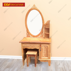 Bàn Trang Điểm Gõ Đỏ Gương Oval 80cm Kèm Kệ Tiện Lợi