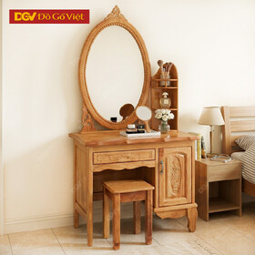 Bàn Trang Điểm Gõ Đỏ Gương Oval 80cm Kèm Kệ Tiện Lợi