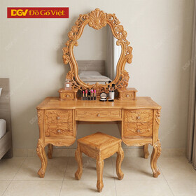 Bàn Trang Điểm Gỗ Gõ 1m2 Quý Phái Với Hoa Văn Chạm Cổ Điển