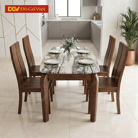 Bộ Bàn Ăn 4 Ghế Mặt Đá Gỗ Sồi Nga Màu Óc Chó Đẹp Rẻ