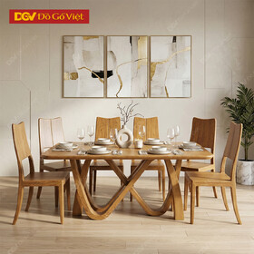 Bộ Bàn Ăn 6 Ghế Gỗ Sồi Nga Ghế Lưng Cong Chân Bàn Parabol Đẹp