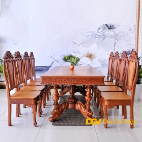 Bộ Bàn Ăn Căm Xe Mặt Gõ 8 Ghế Chân Sư Tử Hoàng Gia Đẹp