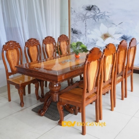 Bộ Bàn Ăn Gia Đình Căm Xe Mặt Gõ Loại 8 Ghế Cẩn Bánh Tây Đẹp