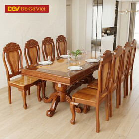 Bộ Bàn Ăn Gia Đình Căm Xe Mặt Gõ Loại 8 Ghế Cẩn Bánh Tây Đẹp