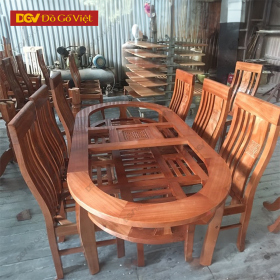 Bộ Bàn Ăn Gia Đình Kiểu Oval 2 Tầng Gỗ Xoan Đào 1m6 6 Ghế