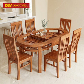 Bộ Bàn Ăn Gia Đình Kiểu Oval 2 Tầng Gỗ Xoan Đào 1m6 6 Ghế
