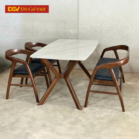 Bộ Bàn Ăn Gỗ Cao Su Chân X Mặt Đá Ceramic Trắng Hiện Đại