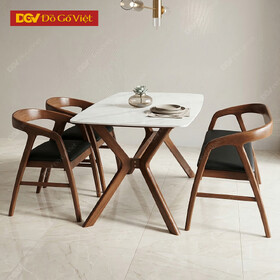 Bộ Bàn Ăn Gỗ Cao Su Chân X Mặt Đá Ceramic Trắng Hiện Đại