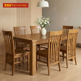 Bộ Bàn Ăn Gỗ Cao Su Veneer Sồi Họa Tiết Kẻ Pano Tựa Nan