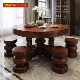 Bộ Bàn Ăn Gỗ Gõ Đỏ 5 Ghế Nguyên Khối Bề Thế Phối Chân Tiện