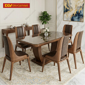 Bộ Bàn Ăn Gỗ Óc Chó 6 Ghế Sang Trọng Trụ Giữa Ghế Bọc Da Êm