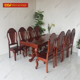 Bộ Bàn Ăn Tràm Mặt Hồng Đào Bánh Tây Cổ Điển 1m9 8 Ghế