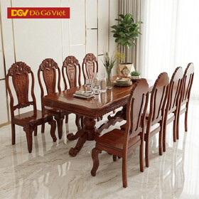 Bộ Bàn Ăn Tràm Mặt Hồng Đào Bánh Tây Cổ Điển 1m9 8 Ghế