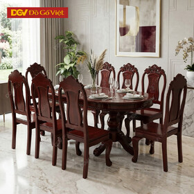 Bộ Bàn Ăn Tràm Mặt Hồng Đào Oval 8 Ghế Chạm Hoa Tây Đẹp